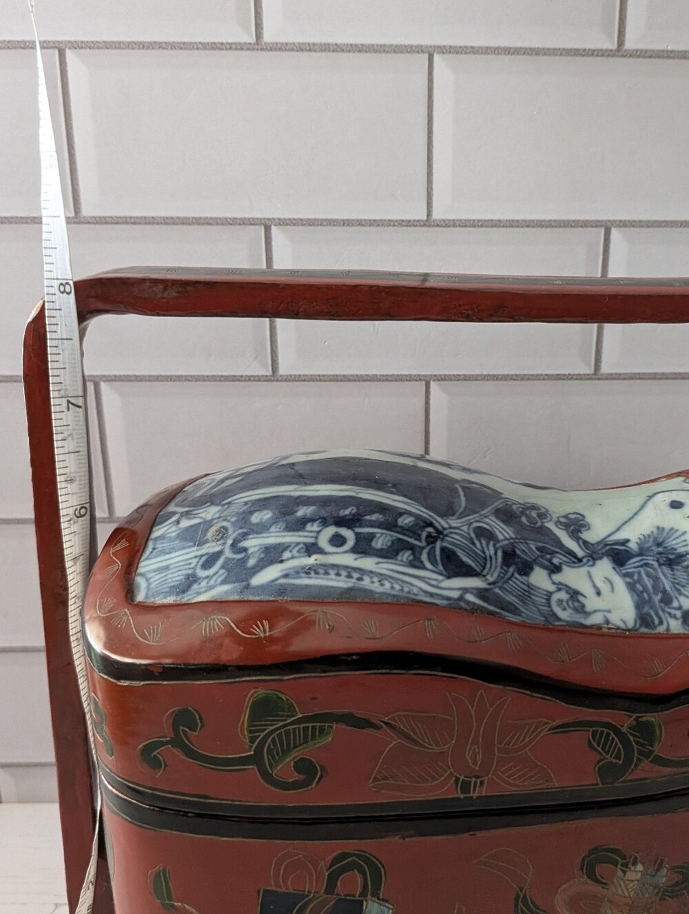 Antique Chinese Wedding Basket, Chinese lunchbox, Porcelain Plaque Insert - Picture 7 of 12